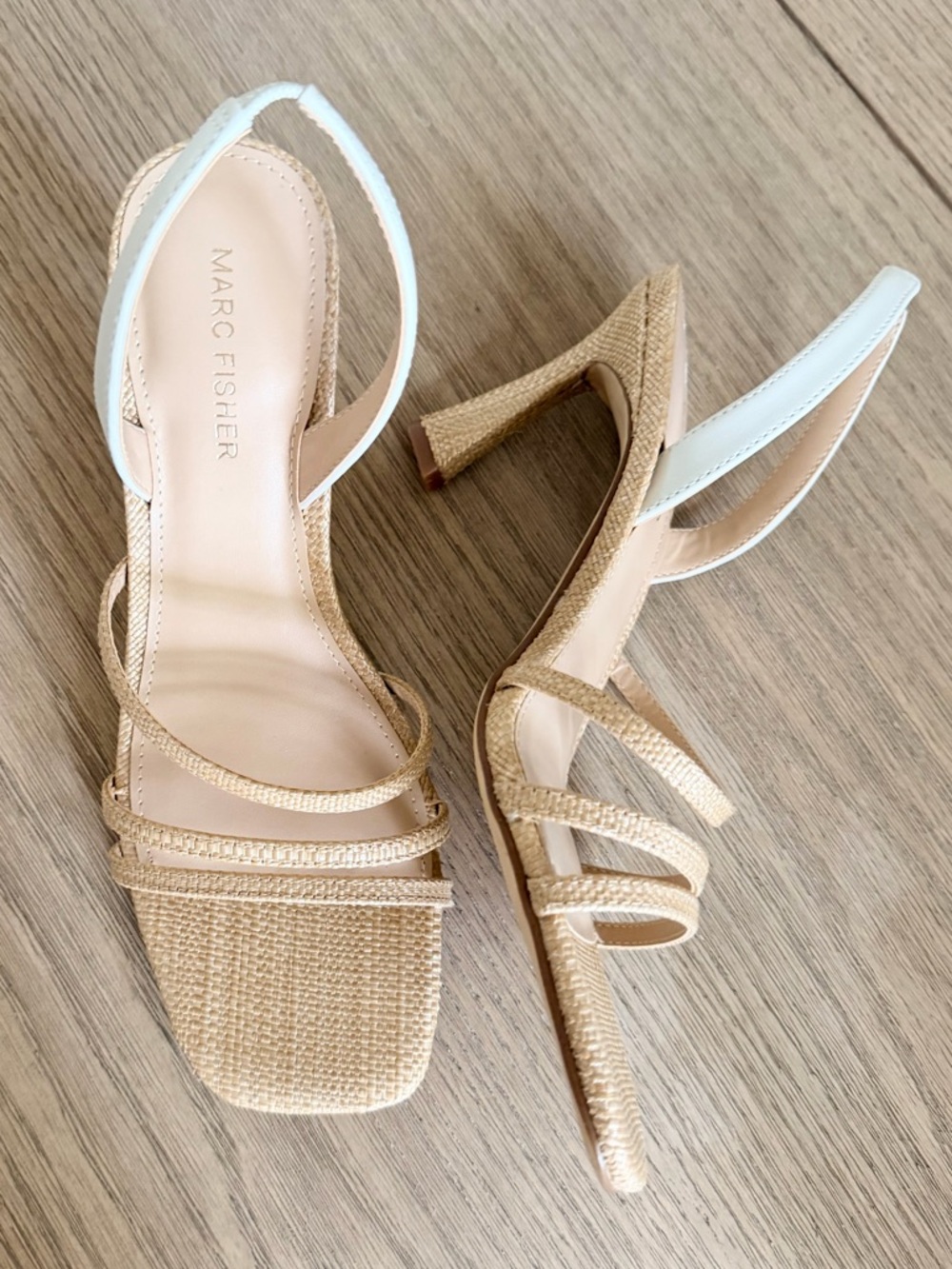 Mark Fisher Beige Raffia Heeled Sandals Strappy Neutral Tan Slingback 8 New
